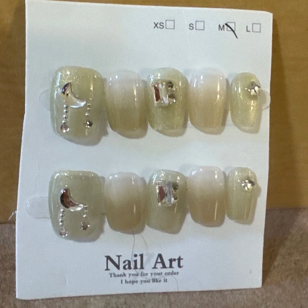 Sage Green Ombre Press On Nails Medium Celestial Moon Star Crystal 10pc Set